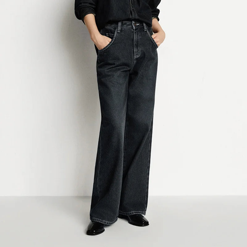 Wide Leg Fleece Lined High Waist Jeans - Women's Floor-Length Winter Denim