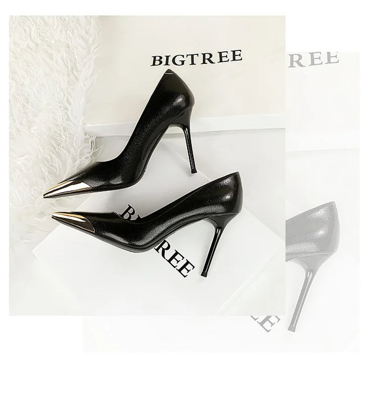 Women's Metal Pointed Tip  High Heels  Stilettos PU Leather Shoes