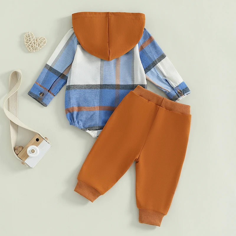 0-24M Baby Boys 2-Piece Clothing Set - Long Sleeve Plaid Hooded Romper with Pants