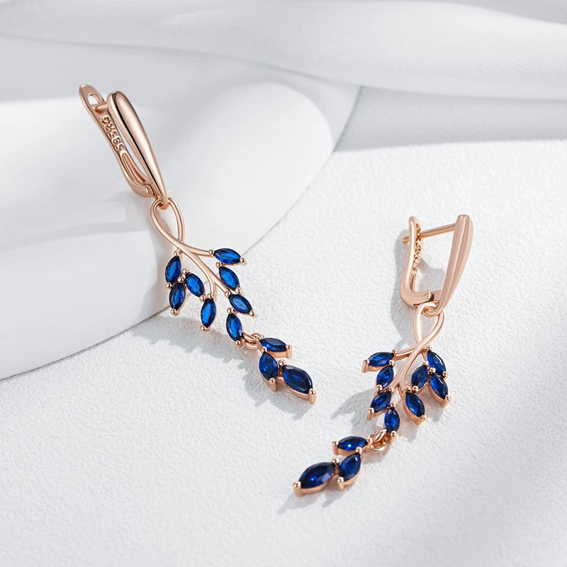 Women 585 Rose Gold Colour Blue Natural Zircon Leaf Shape Long Dangle Earrings