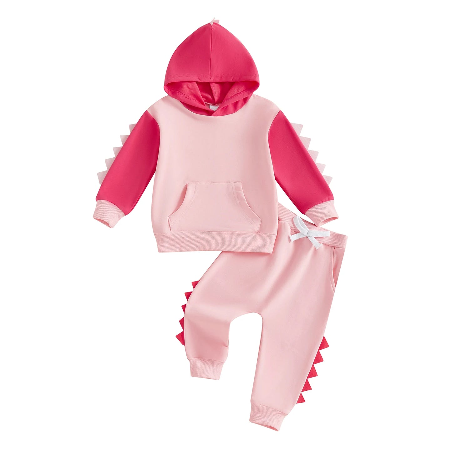 Toddler Dinosaur Hooded Outfit Set - Contrast Color Long Sleeve Top & Pants (0-5Y)