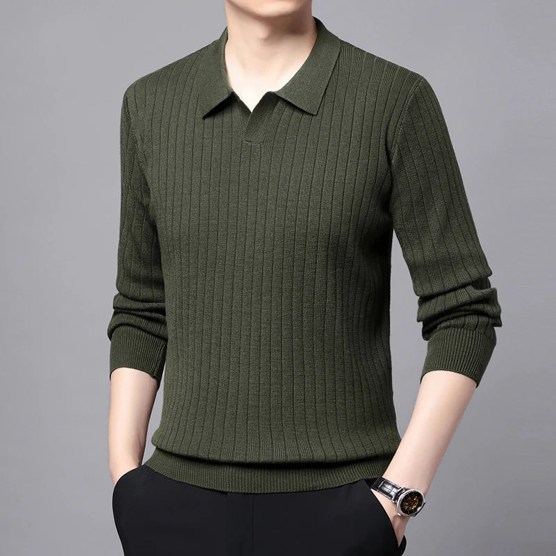 Smart Casual Sweater Turn Down Collar Knitted Pullover for Men