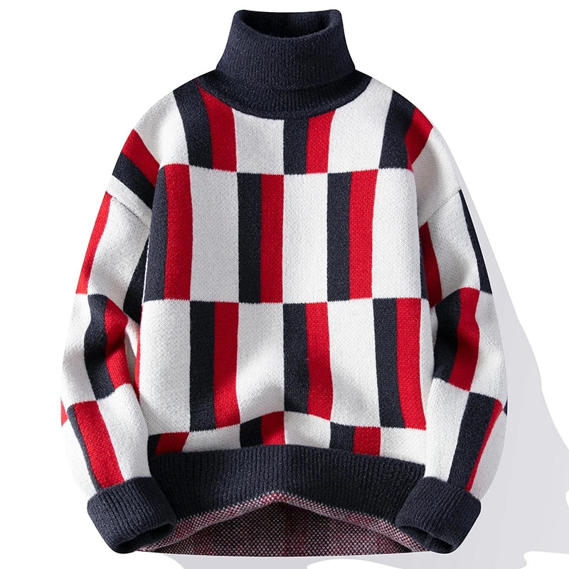 Men's Warm Turtleneck Geometric Knitted Sweater