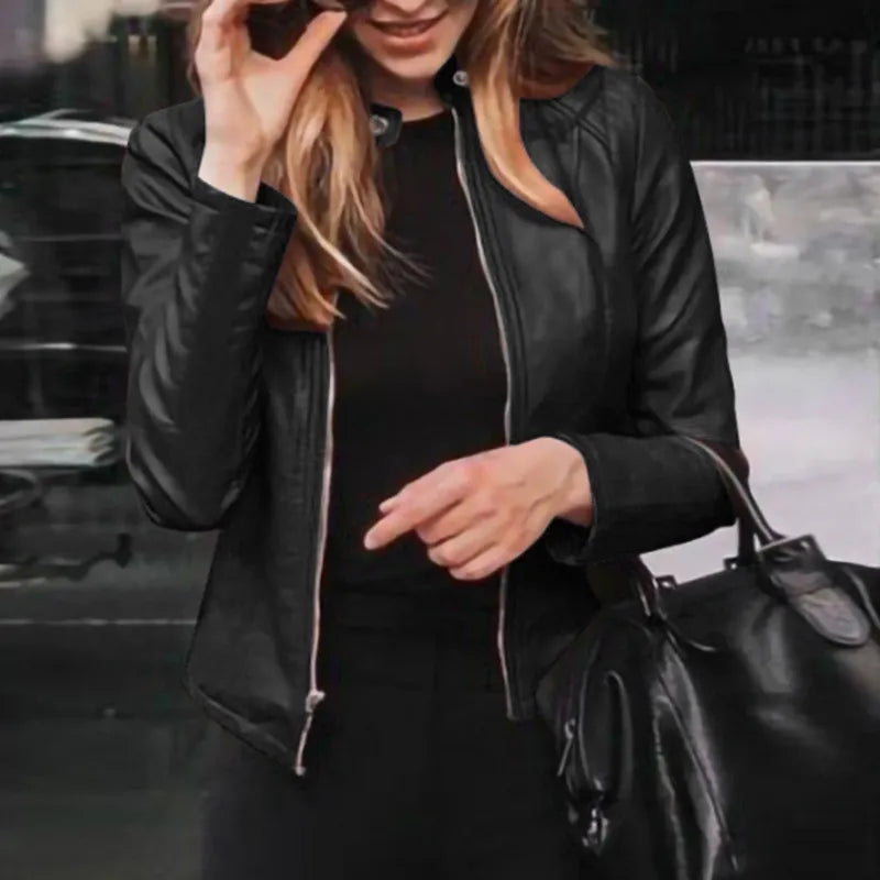 Women Slim Fit Faux PU Leather Zipper Jacket