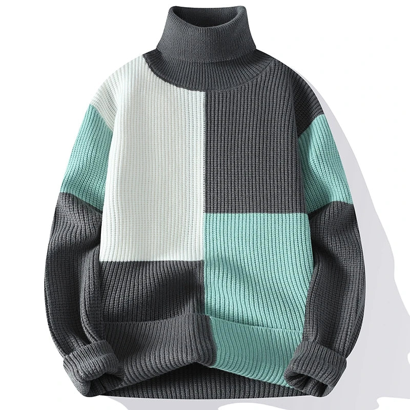 Men's Turtleneck Patchwork Knitted Pullover Sweater