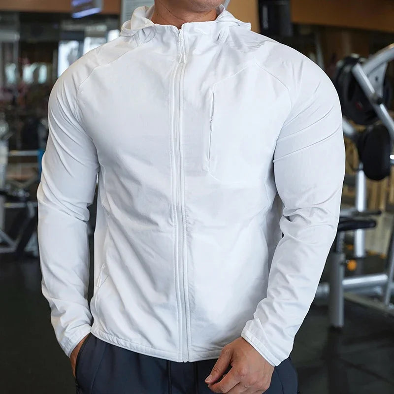 Men's Nylon Sport Coat Gym Fitness Hoodies Outdoor Workout Tops Hooded Training Running Zipped Jacket
