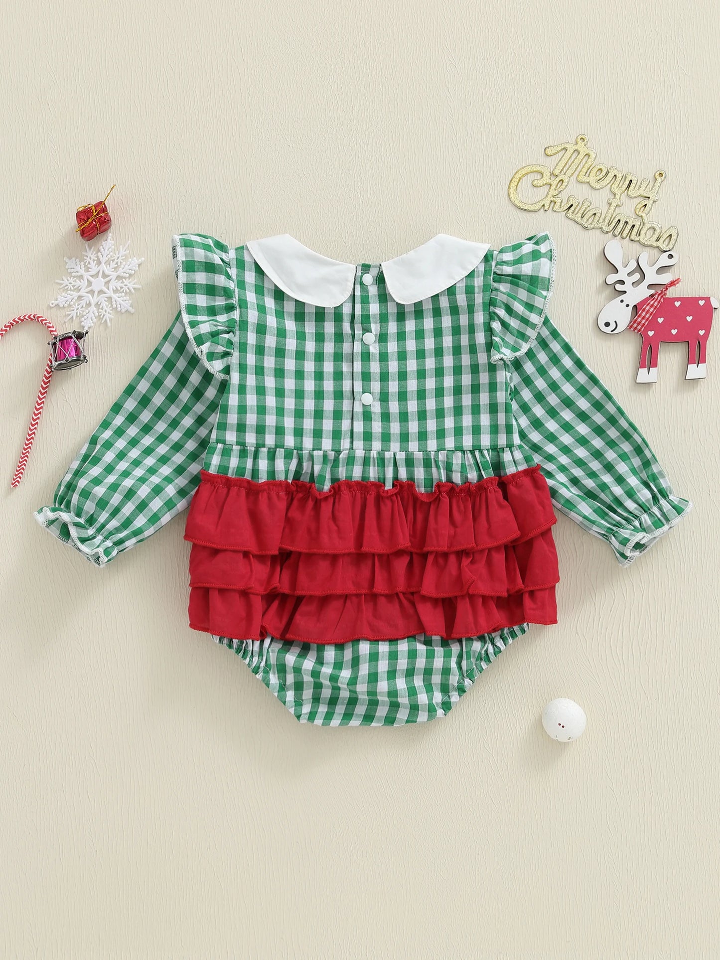 Baby Girls Christmas Romper - Plaid Santa Embroidery Long Sleeve Jumpsuit