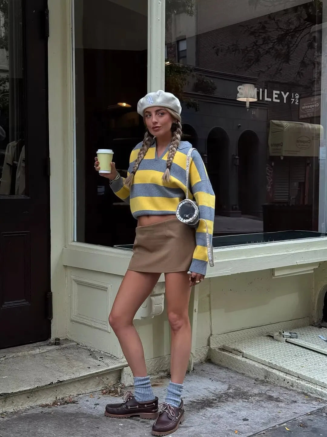 Striped Knit Polo Neck Sweater