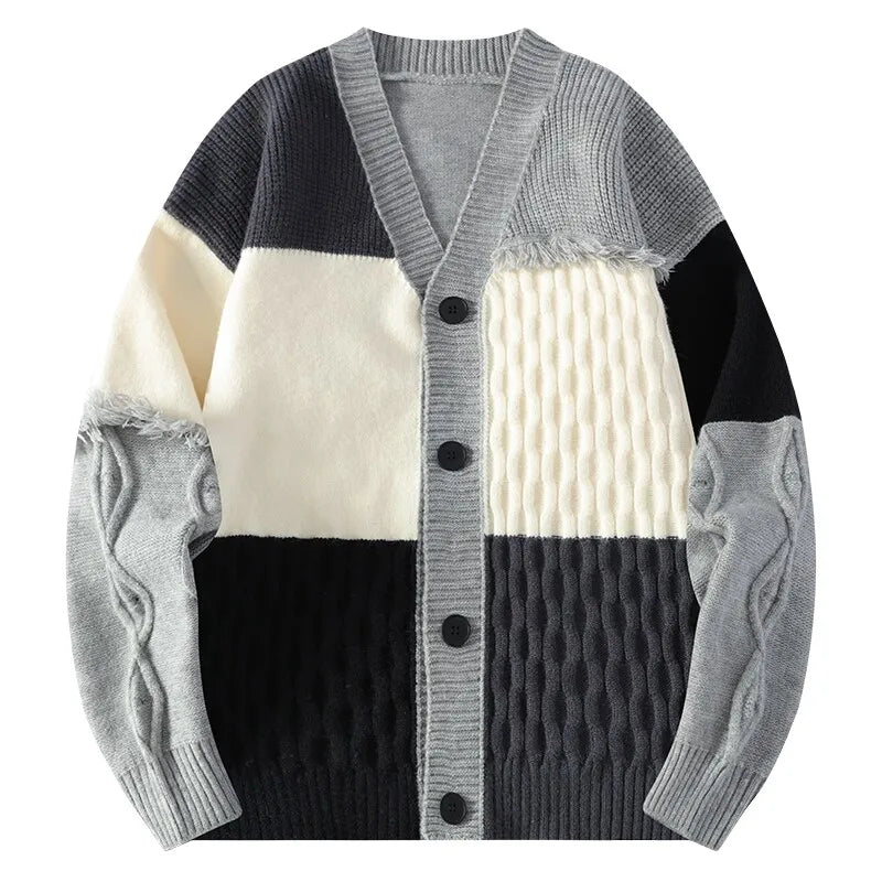 Men's Patchwork Knit Cardigan Sweater - Casual Loose Sweatercoat Jacket