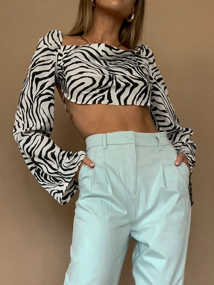 Women's Zebra Print Elegant Backless Lace Up Blouses - Long Sleeve Crop Top