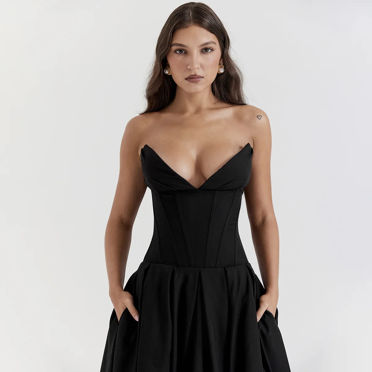 Strapless V Bar Slinky Midi Dress  Outfit - Women Frill Hem Sleeveless Corset Dress