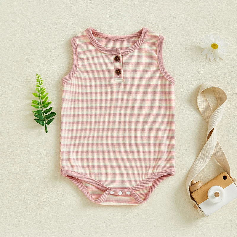 0-18M Baby Girls Boys Rompers Stripe Print Sleeveless Buttons Round Neck Summer Bodysuits Jumpsuit