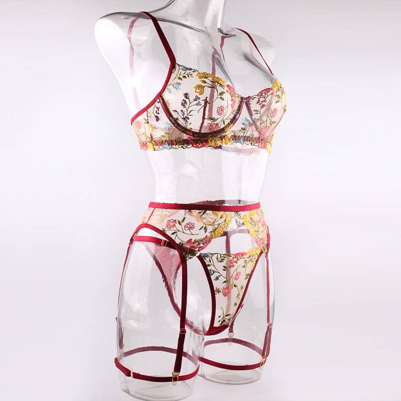 Women's Lace Transparent Embroidery 3-Piece Garters Lingerie Set