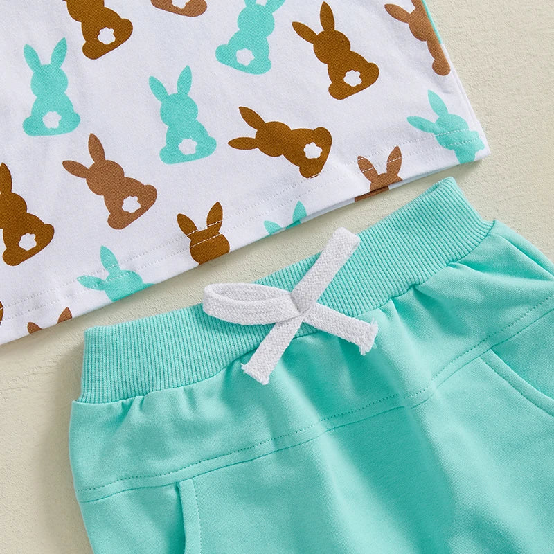 Toddler Baby Boys' Easter Outfit Set - Rabbit Print Short Sleeve T-Shirt & Shorts with Pockets 2pcs