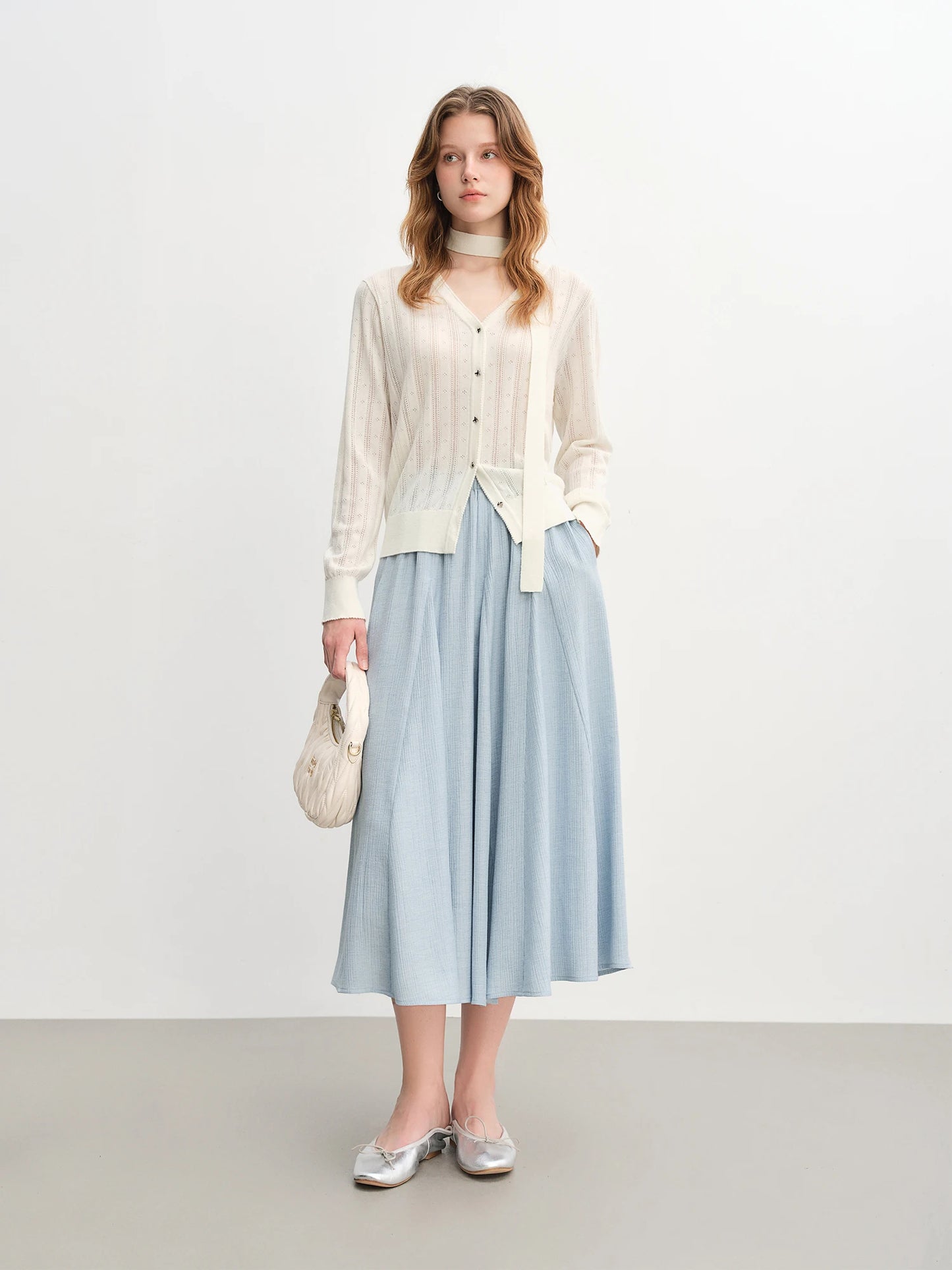 Pleated A-Line Midi Skirt - Textured White Long Skirt