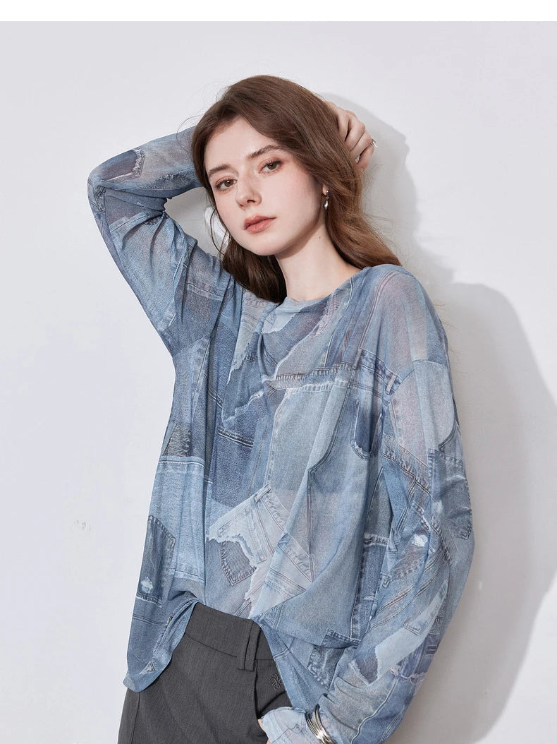 Women's Long Sleeve Denim Printed Round Neck See-through Undercover Skin T Shirt