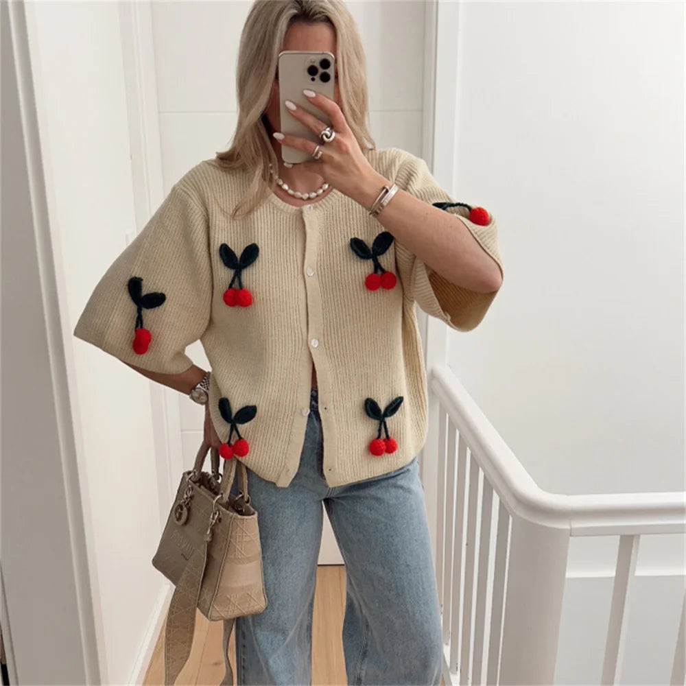 Summer Women's Casual Knitted Cardigan Cherry Short Sleeve Sweater