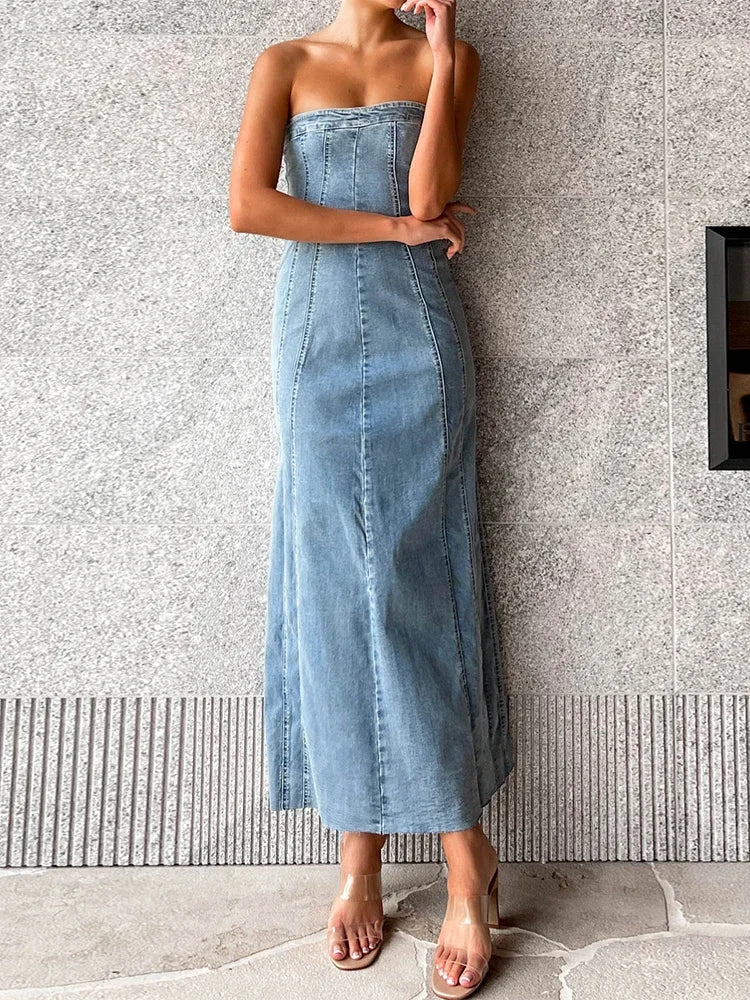 Women's Side Slit Denim Bodycon Sleeveless Maxi Dress