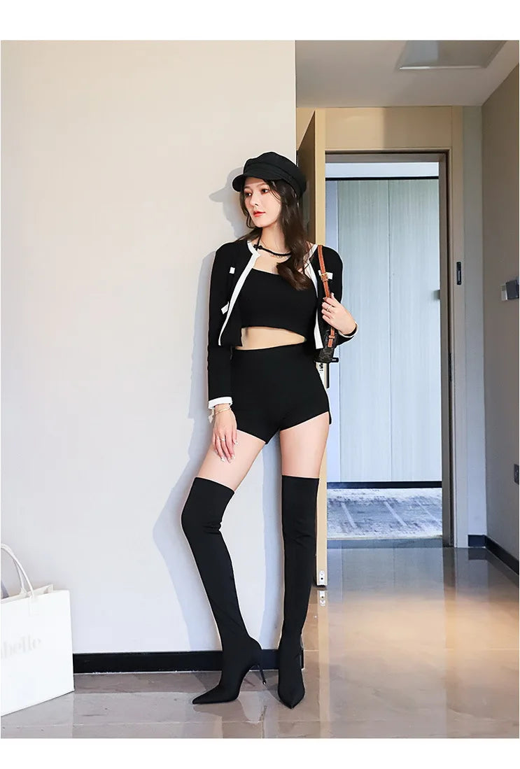 Satin Over-the-Knee Boots - Pointed Toe High Heel Elastic Autumn Winter Boots