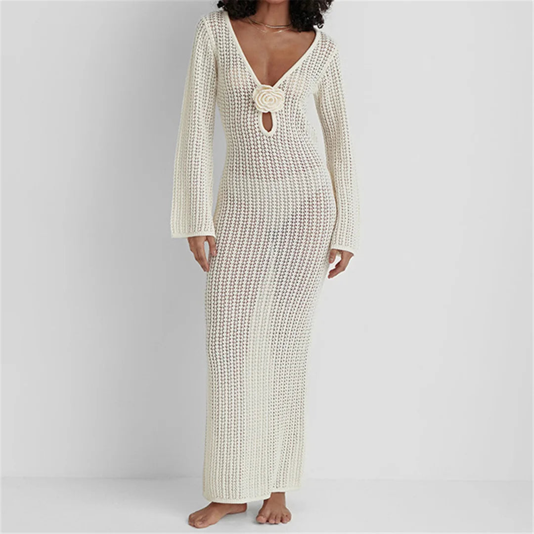 3D Flower V Neck Crochet Knitted Beach Cover Up Tunic