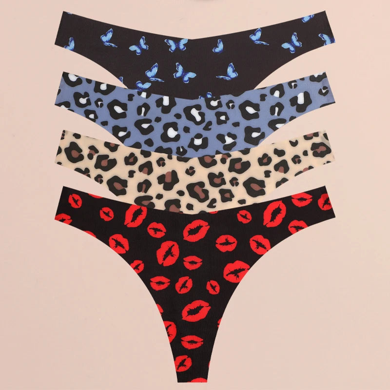 Women's 4Pcs Ultra Soft Underwear Graphic Print Seamless Thongs Stretch Leopard G Strings Comfort Lingerie