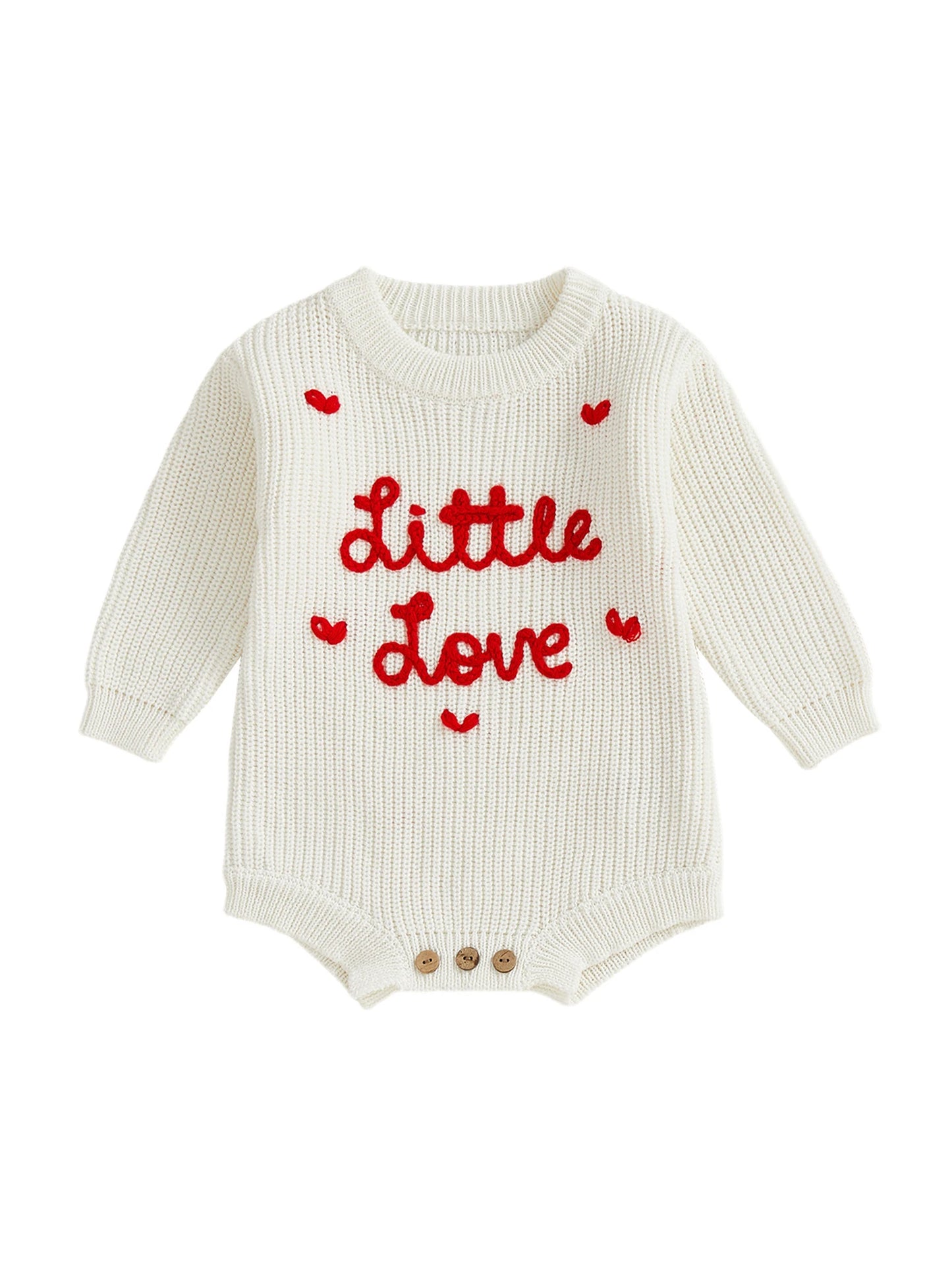 Valentine's Day Baby Knit Romper - Long Sleeve Heart Embroidery Jumpsuit