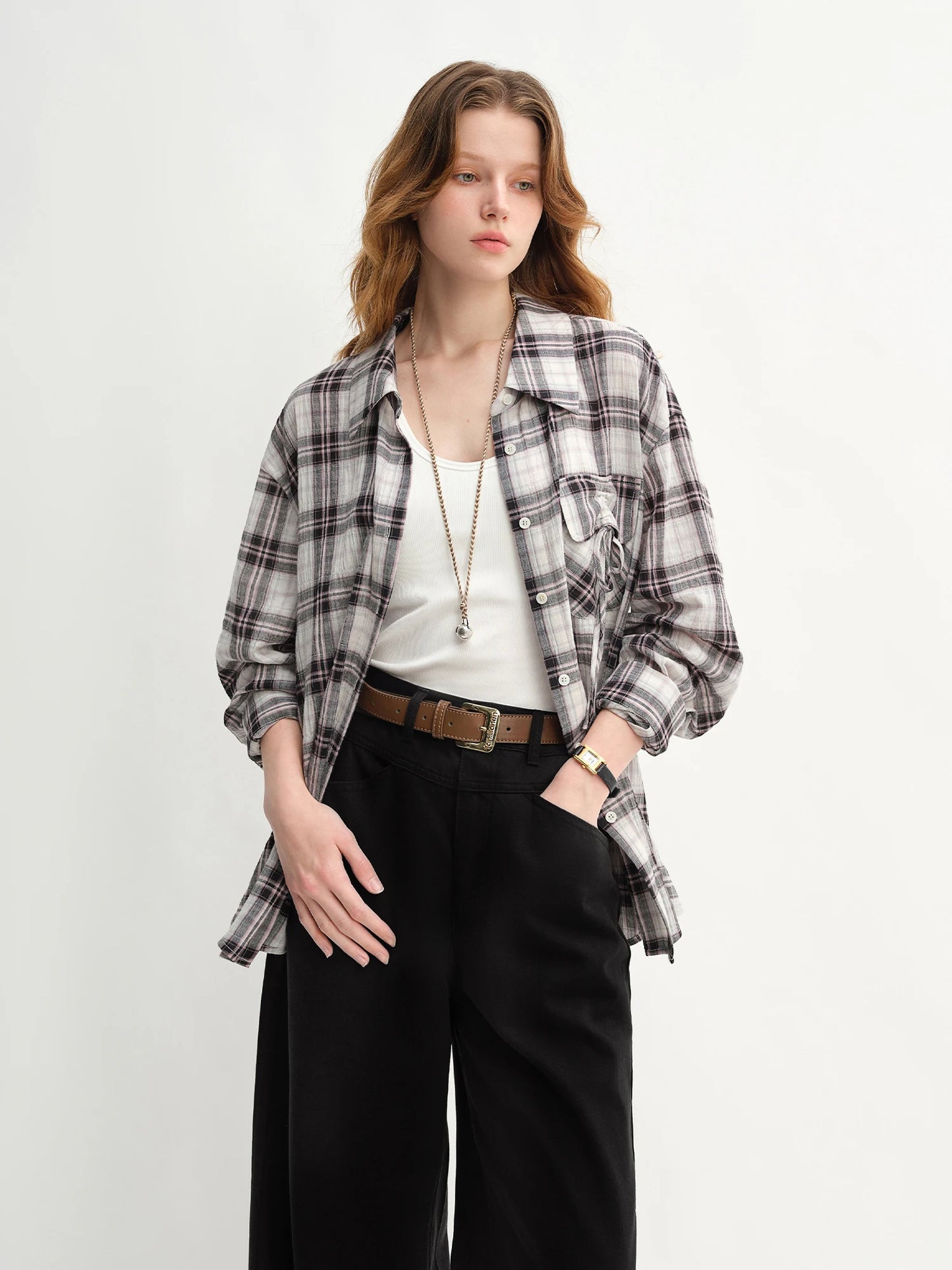 Plus Size Plaid Collar Shirt - Drawstring Pocketed Casual Top