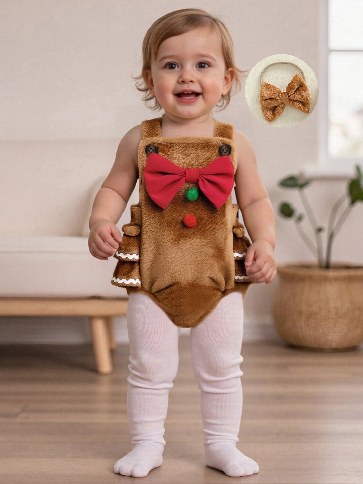 Baby Girls' Christmas Romper Outfit - Gingerbread Man Sleeveless Jumpsuit with Hairband