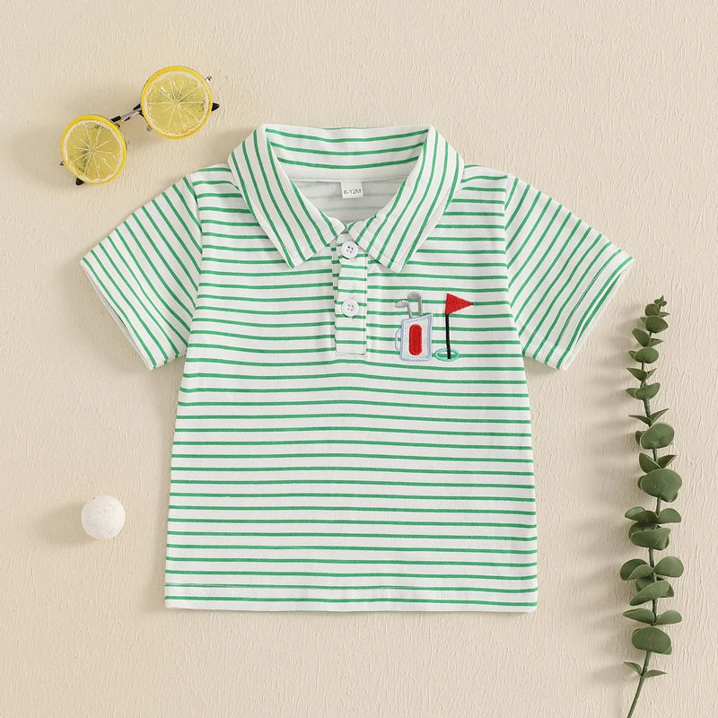 0-4Y Toddler Kids Boys Summer T Shirts Short Sleeve Casual Golf Embroidery Striped Print Pullover Top