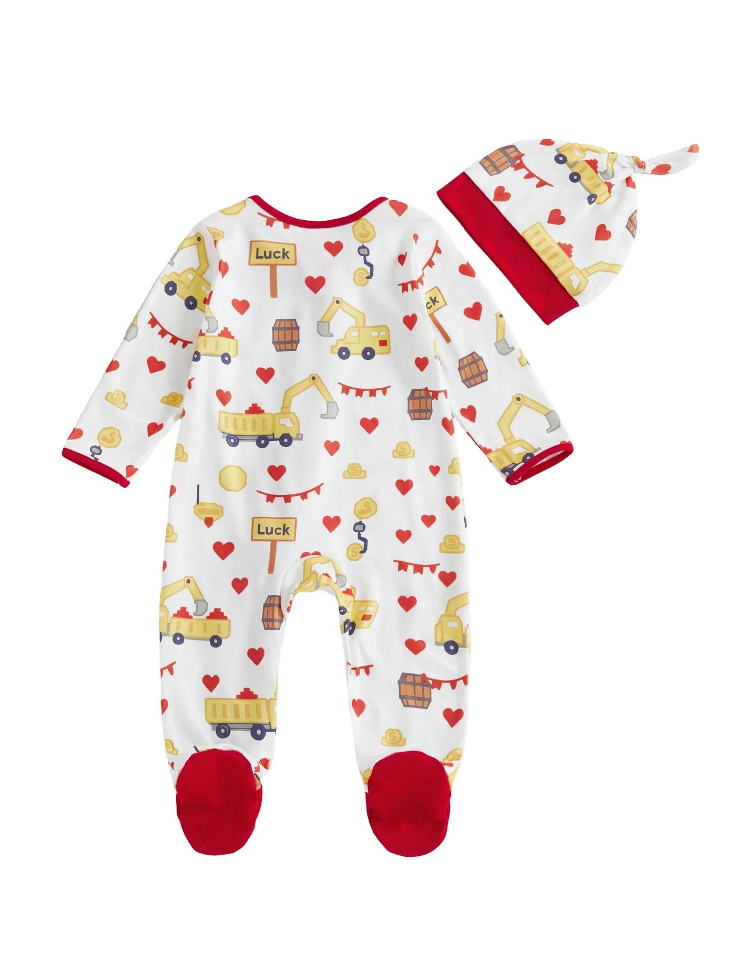 Baby Boys Girls Valentine's Day Romper Set - Excavator Heart Print Jumpsuit with Hat 0-18M