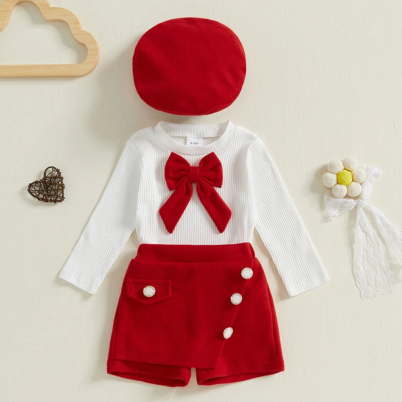 0-3Y Baby Girls Long Sleeve Crew Neck Bowknot Ribbed T-shirt with Shorts and Beanies Hats