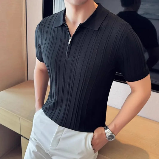 Men's Summer Polo Knitted Short Sleeve  Smart Casual Turn Down Collar Half Zipper Shirt