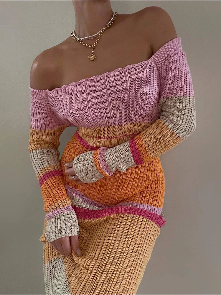 Women's Striped Knitted Long Sleeve Bodycon Maxi Dress