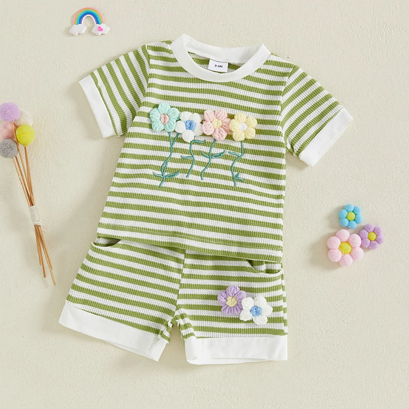 0-6Y Kids Girls Summer Clothes Sets Short Sleeve O Neck Flower Embroidery Striped T Shirts and Drawstring Shorts