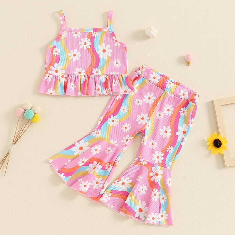 0-4Y Toddler Little Girls Summer Clothes Sets 2pcs Ruffles Sleeveless Wave Stripe Floral Print Ribbed Tank Flare Trousers