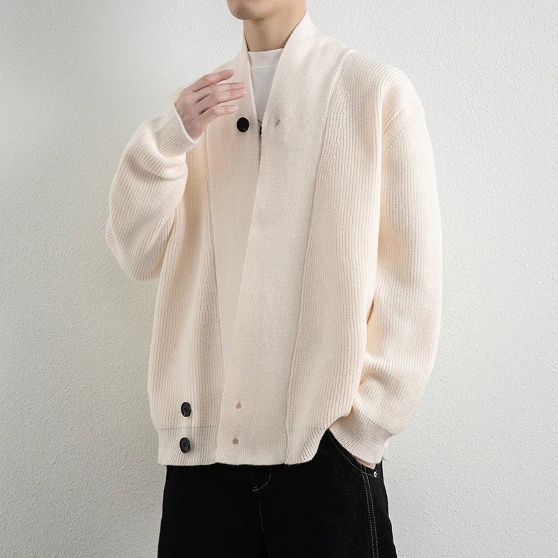 Men's V-Neck Knit Cardigan - Loose Fit Solid Colour Sweatercoat for Spring Autumn