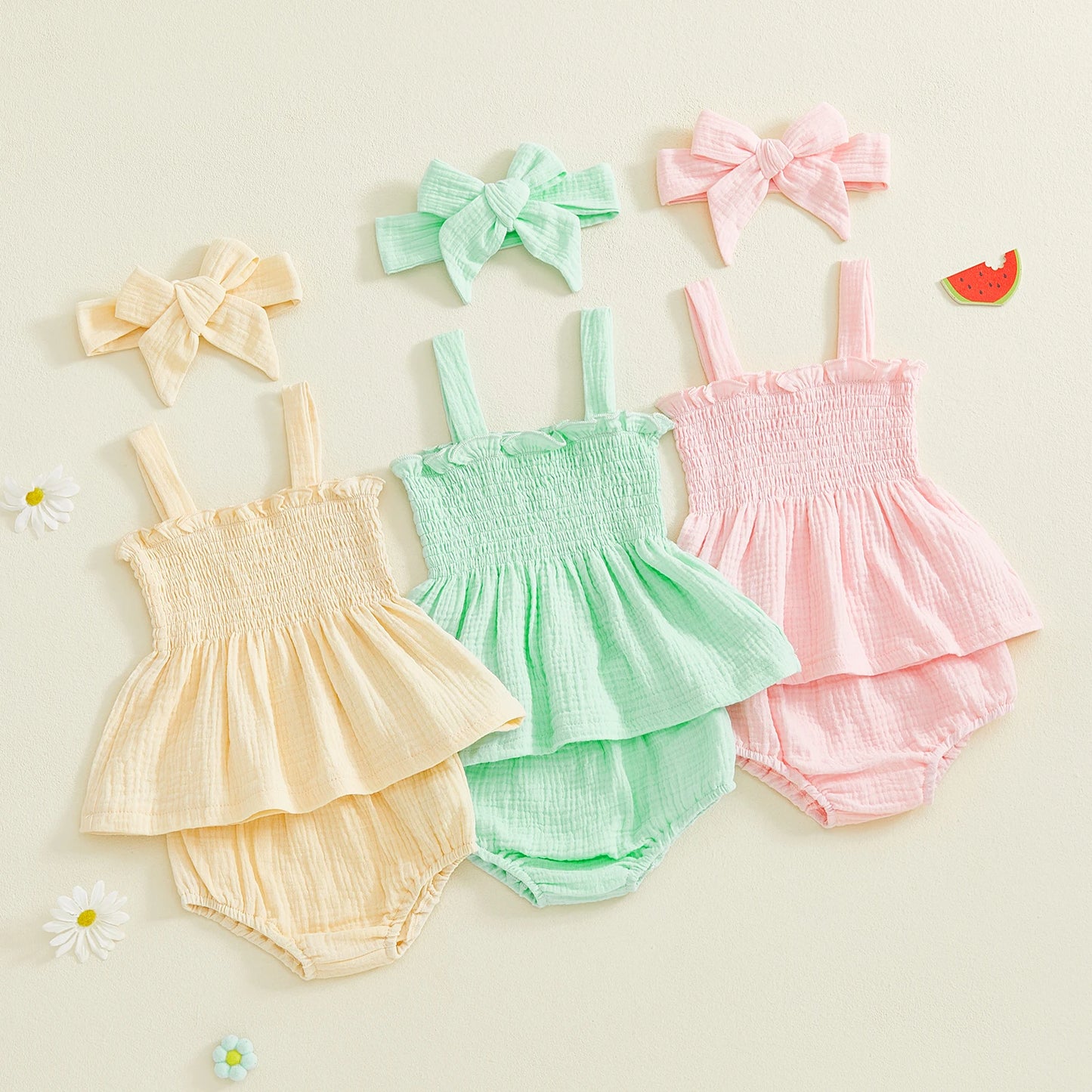 Baby Girls Summer Outfit Set - Ruffled Smocked Top, Shorts & Headband (0-24M)