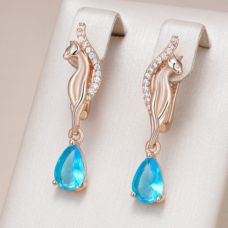 Women's 585 Natural Zircon Rose Gold Colour Cat Drop Earrings