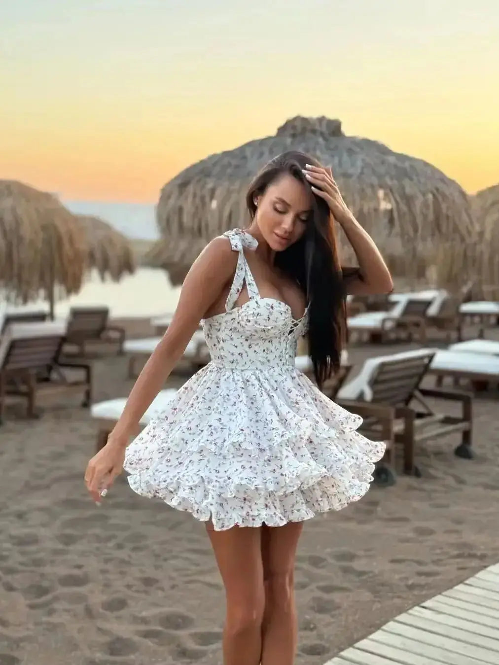 Floral Print Sling Chiffon Dress - Sweet Ruffle Holiday Party Short Dress