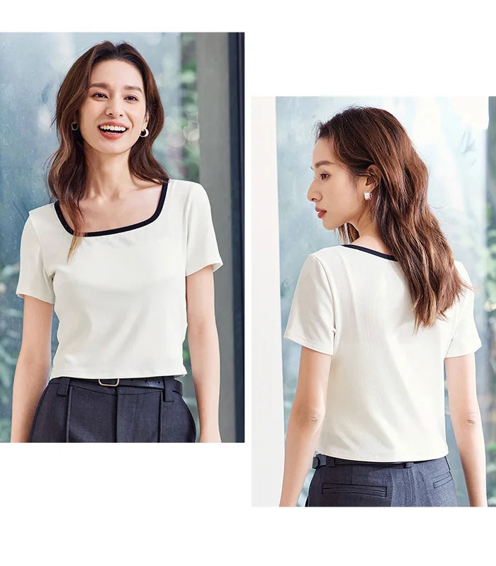 Women's Square Neck Short-Sleeved Slim Fit Top - Versatile Layering Piece