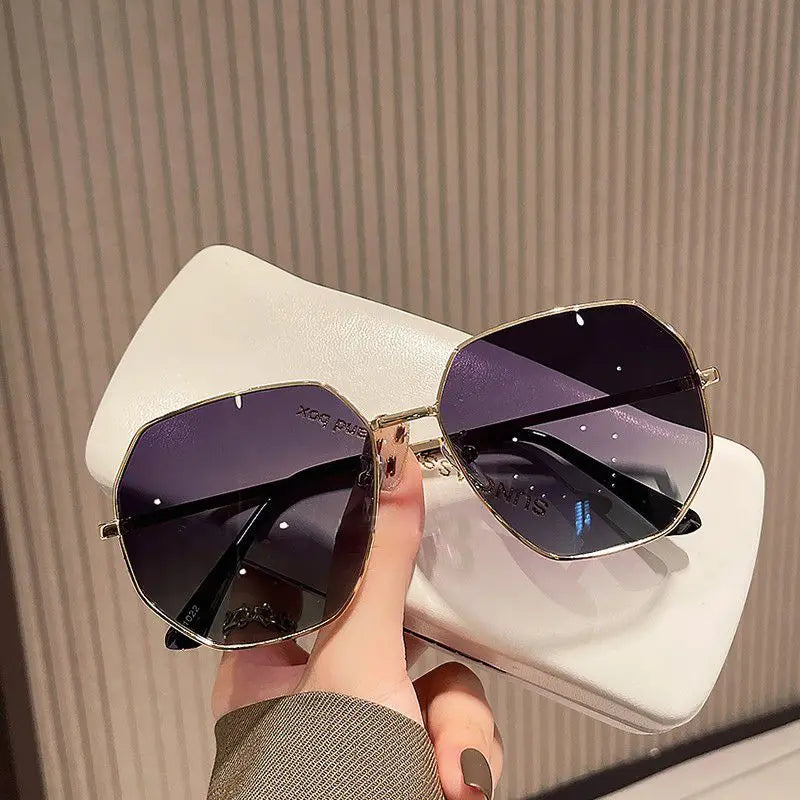 Unisex Transparent Blue Sunglasses - Large Frame Polygonal Metal Eyewear
