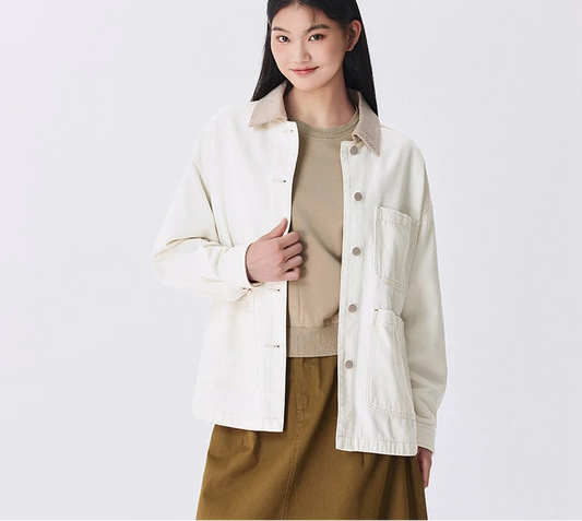 Corduroy Denim Jacket - Women's Turn Collar Loose Casual Coat