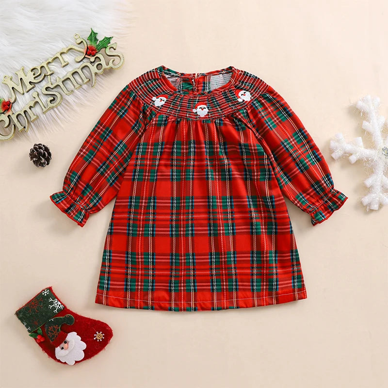 Christmas Santa Embroidery Plaid A-Line Dress - Girls Long Sleeve Festive Dress