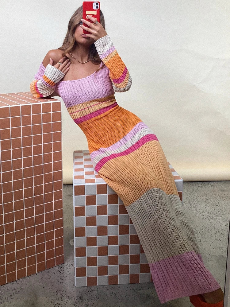 Women's Striped Knitted Long Sleeve Bodycon Maxi Dress