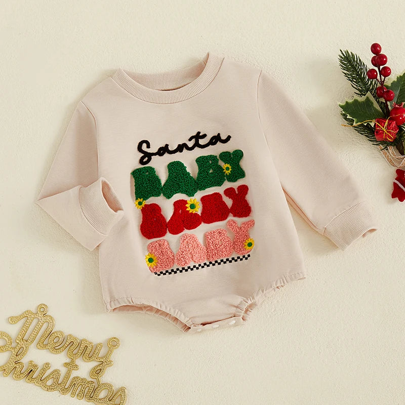 0-18M  Baby Girls Boys Christmas Sweatshirts Rompers Letter Embroidered Long Sleeve Bodysuit