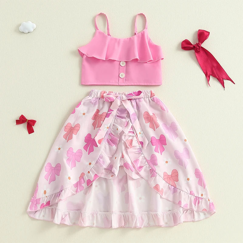 Girls' Floral Print Sleeveless Camisole & Bow Ruffle High-Low Skirt Set