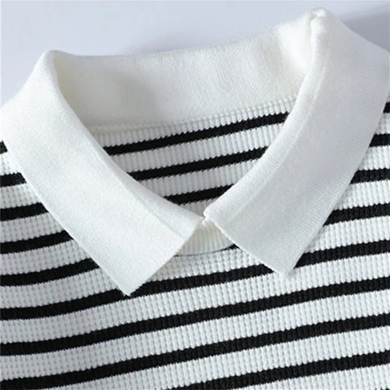 Winter Patchwork Striped Sweater - Long Sleeve Casual Knit Pullover