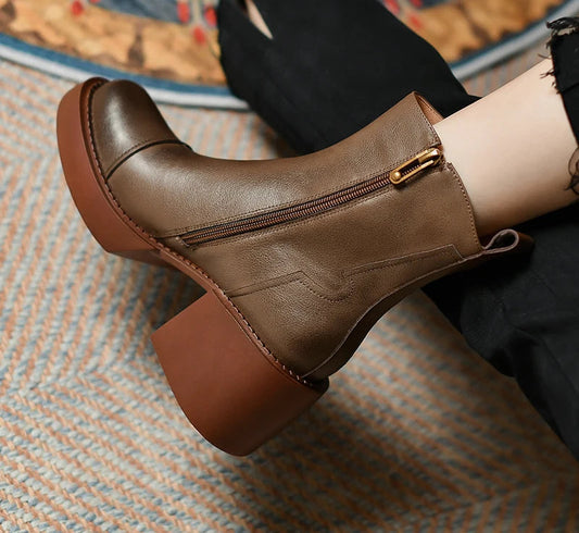 Women's Genuine Leather Platform Chunky Ankle Boots