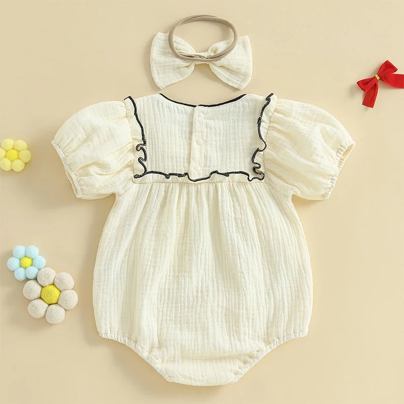 Baby Girls Bow Bubble Romper with Headband - Short Sleeve Ruffled Jumpsuit
