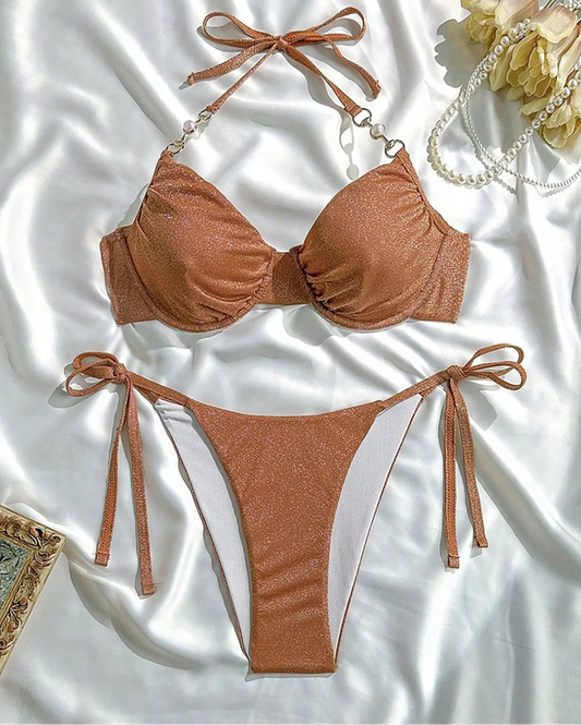 Pearl Detail Underwired Halter Bikini Set